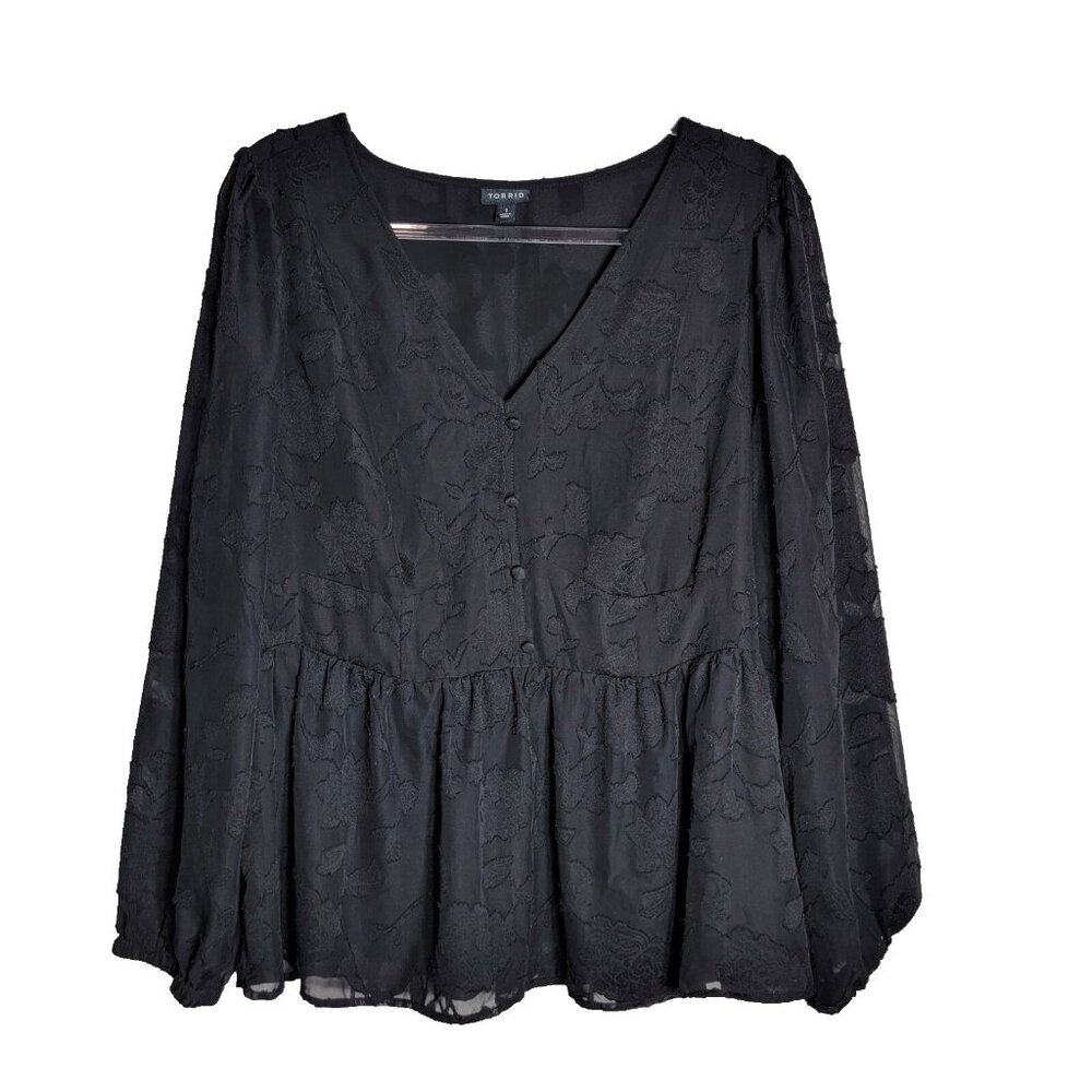 Torrid Black Lace Overlay Peplum Top Plus Size 1X Long Balloon Sleeve Pullover